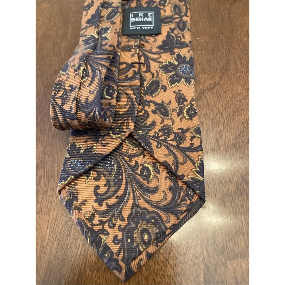 Ike Behar New York Mens Silk Tie Orange Navy Blue Gold Floral Paisley Ribbed